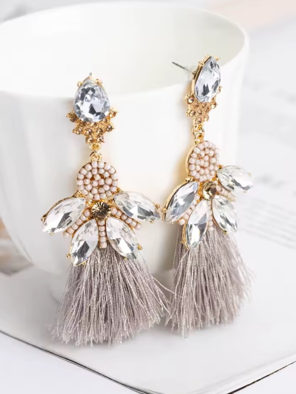 Crystal-Embellished Tassel Drop Earrings in Gray and Gold